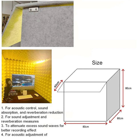 Pro Level Desktop Soundproof Mic Booth With Heavy Duty Polyester Panels And Flame Resistant Acoustic Padding For Podcaster Streamer And Home Studio Noise Blocking Kit, showing dimensions and materials.