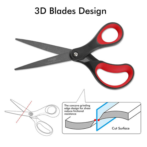 Two Pack 8 Inch Titanium Nonstick Scissors With Comfort Grip For Office And Craft, Red and Black, showing 3D blades design.