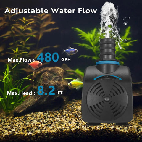 High Flow Submersible Pond Pump 480 GPH 8.2 Ft Lift shown in aquarium with fish and adjustable water flow