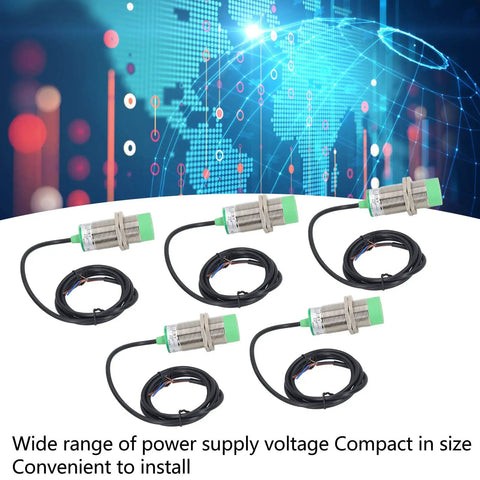 Inductive Proximity Sensor Switch Five Pack LJ30A3-15-Z, 15mm Detection, IP65, DC 6 to 36V, displayed with global graphic background