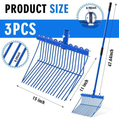 Three Sets Metal Manure Fork With Long Handle Pitch Fork Muck Rake For Gardening Horse Stall Stable Cleanup And Farm Work Heavy Duty 15 By 11 Inch Head Blue shown with dimensions