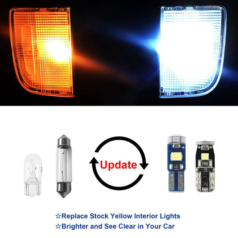 Comparison of stock yellow light vs. Lit 6000K White LED Interior Light Kit With Install Tool For Toyota Tundra 2007 To 2021.
