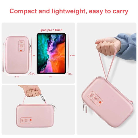 Rock Solid Hard Shell Travel Electronics Organizer Case With Hefty Pockets And Snag Free Elastic Webbing For Cables Chargers Memory Cards And Gadget Storage Solutions in pink, 9x5.7x2.4 inches.