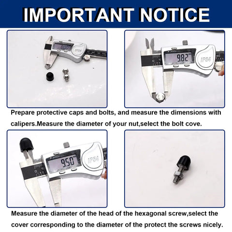 Top Notch Assorted 150 Piece Screw Cap Kit M4 To M12 Sizes Heavy Duty protective covers measuring nut and screw dimensions.