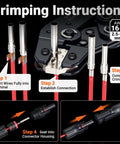 Diagram showing crimping steps with Pro Grade Solar Crimp Tool Kit With Ratcheting Crimper, 10 Pairs MC4 Connectors And 2 Wrenches