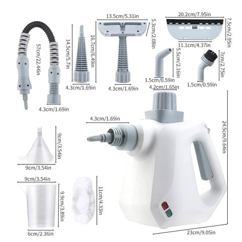 Powerful 1000W Handheld Steam Cleaner Straight Up Ditches Grease And Grime From Kitchens Cars And Bathrooms High Pressure Heavy Duty Cleaning Tool with various attachments.