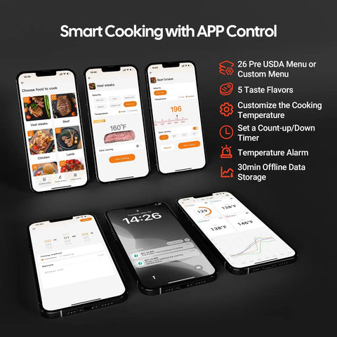 Smartphone app control for Three Mode Wireless Meat Thermometer With 360 Degree LCD Standalone Base And Four Probes
