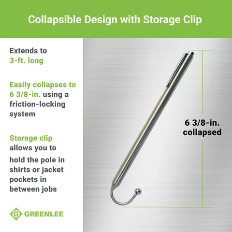 Collapsible Three Foot Cable Grabbing And Reaching Fish Pole For Easy Wire Pulling And Cable Installation with storage clip