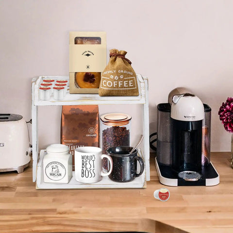 Countertop Coffee Station Organizer With Mug Holder And Bar Accessories Keeps Your Coffee Bar Neat And Accessible Cup Rack For Mugs And Cups Kitchen Countertop Organizer Perfect Gift For Coffee Lovers shown on a kitchen counter with coffee supplies.