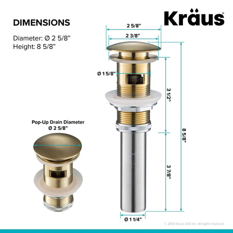 Brushed Gold Pop Up Drain With Overflow For Bathroom Sinks, All Metal Construction, 1.75 Inch Opening, dimensions shown