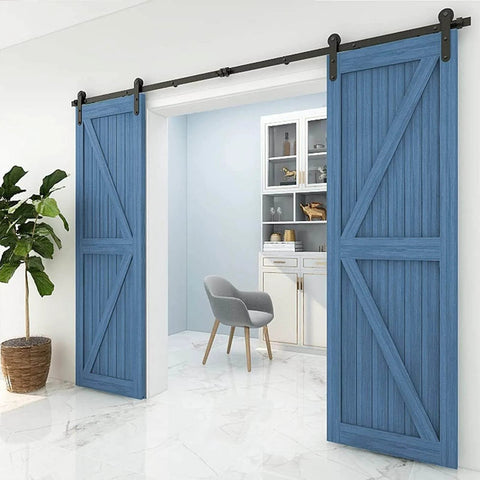 Heavy Duty Sliding Barn Door Hardware Kit For Bypass Or Double Doors, Adjustable 122 To 400 Cm Track, Carbon Steel, Installed