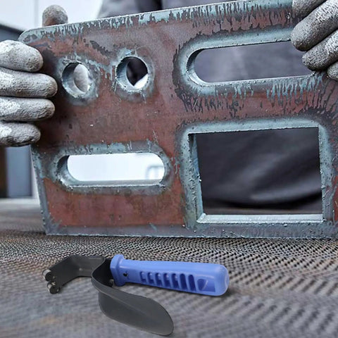 DB1000 Double Burr Deburring Tool for Alloy Steel Sheet Metal Trimming with blue handle, on a workbench with metal sheet. 