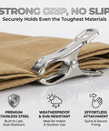 Heavy Duty Stainless Steel Garden Clips 50 Pack For Greenhouses With 2 Inch Long Grips, shown securing fabric.