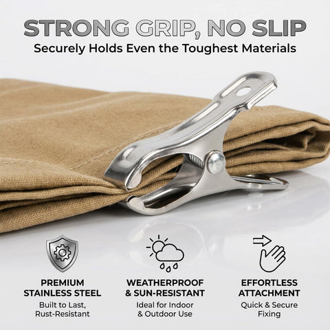 Heavy Duty Stainless Steel Garden Clips 50 Pack For Greenhouses With 2 Inch Long Grips, shown securing fabric.