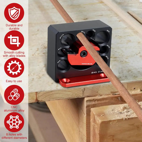 Woodworking Dowel Maker Jig Kit Five Sixteenths To Three Quarters Inch With Carbide Blades Eight Hole Adjustable Cutter Plate Pro Grade Aluminum Alloy Electric Drill Milling Tool For Smooth Dowel Rods Eight Pieces on a workbench with wood insert.