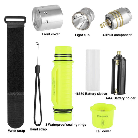 Diving Flashlight With Beast Bright LED Underwater Light parts, including aluminum head, ABS body, straps, and battery components.