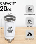 Hit The Spot With Top Shelf Custom 20 Oz Stainless Steel Tumblers showing vacuum insulation, BPA free features, and dimensions on a wood surface.