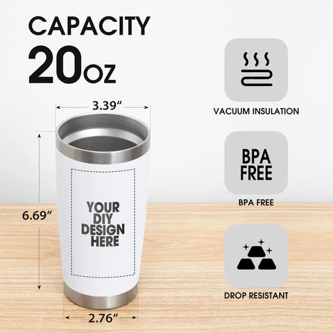 Hit The Spot With Top Shelf Custom 20 Oz Stainless Steel Tumblers showing vacuum insulation, BPA free features, and dimensions on a wood surface.
