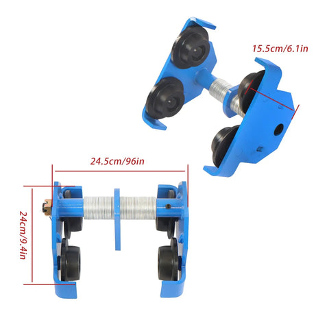 Manual Beam Pushing Trolley Up To 2200 Lbs 1 Ton For I-Beam Rails, dimensions shown in blue alloy steel.