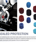 26Pcs R12 R134a Car AC Caps Kit With 10 Sizes, showing various colored valve caps and an engine with ports