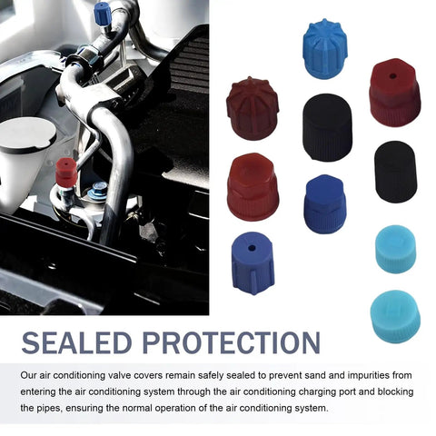 26Pcs R12 R134a Car AC Caps Kit With 10 Sizes, showing various colored valve caps and an engine with ports