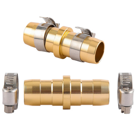 Two Pack Garden Hose Repair Kit With Stainless Clamp For Three Quarter To Five Eighth Inch Hoses Aluminum Durable Construction Quick And Easy Install Leak Free Connection For Standard Hoses showing aluminum connectors and stainless clamps