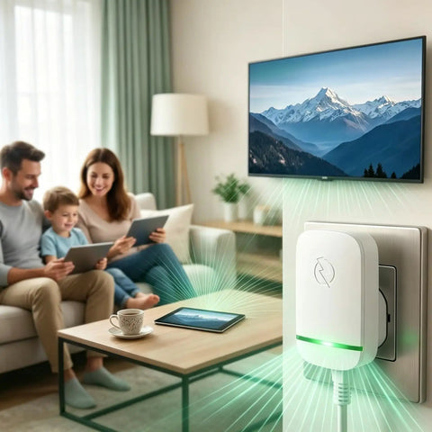 Power Pro Genius 2 Pack Household Voltage Stabilizer Box With Power Factor Optimization Tech in family living room setting.