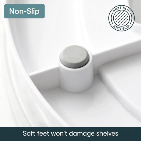 Close-up of non-slip base of Hassle Free 360 Spin Fridge Turntable, Top Tier Lazy Susan Organizer For Refrigerator Storage in crisp white.