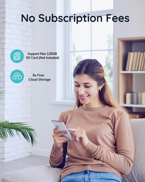 Woman using smartphone indoors showing 'No Subscription Fees' text, related to Wireless Video Doorbell With No Subscription Fees.