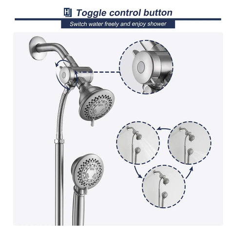 High Pressure Shower Head With Handheld Combo In Brushed Nickel 5 Settings 4 Inch Rain Head And Handheld 60 Inch Stainless Steel Slide Bar