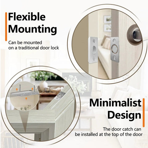 Upgraded Magnetic Door Catch Kit 2 Pack Quiet Strong Magnetic Closure shown on door lock and edge in home setting