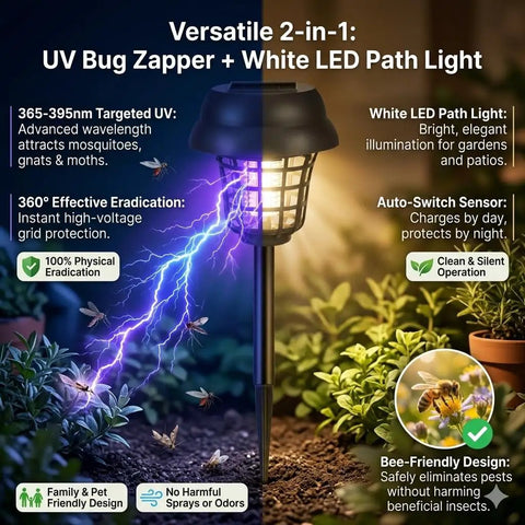Solar Powered Bug Zapper For Outdoor Use Must Have Waterproof Mosquito Trap And Killer For Moths Gnats Flies Small Flying Insects Solar Zapper For Backyard Garden 4 Pack with LED path light in garden setting