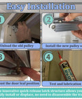 4Pcs Sliding Pocket Door Rollers Assembly installation steps for bypass and closet doors with top hanger and twin roller wheels.