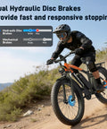 Cyclist on electric fat tire ebike for adults with 45 mph peak speed 52V 25Ah 2500W peak power, riding downhill with disc brakes