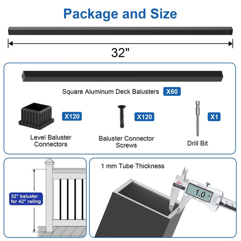 60 Pack 32 Inch Square Aluminum Deck Balusters Built Like A Tank with baluster connectors and screws displayed.