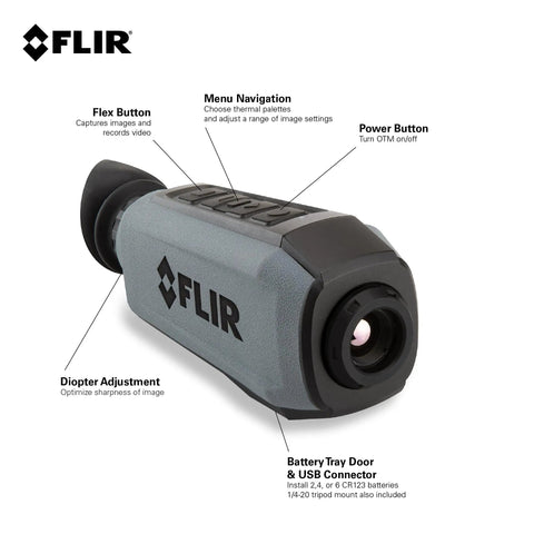 Scion OTM 9Hz Thermal Imaging Monocular With Onboard Video Recording And MicroSD Expansion shown with labeled features