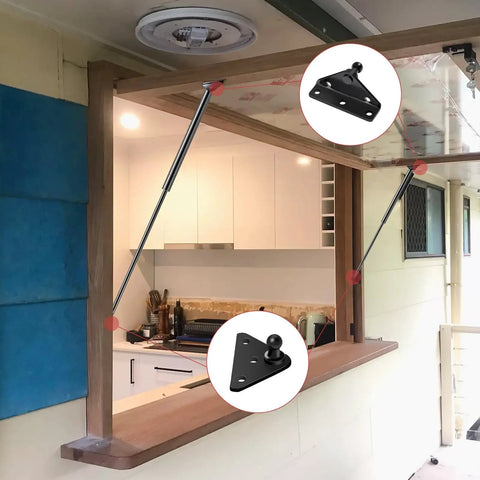 2 Pack 20 Inch Universal Gas Strut With Mounting Bracket For RV Queen Bed, King Bed, Truck Bed Tonneau Cover, Boat Hatch Lift Support Heavy Duty 150 Lb 667N Easy Install in use on cabinet hatch.
