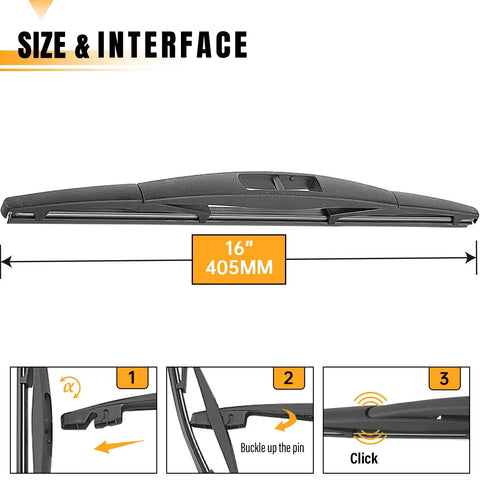 Subaru 14 Inch Rear Wiper Blade Replacement diagram with 16 inch label and installation steps for Forester Outback Impreza and more.