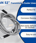 6AN 52 Inch Transmission Cooler Hose Line Kit with stainless steel braided PTFE lines in front of a car, highlighting features.