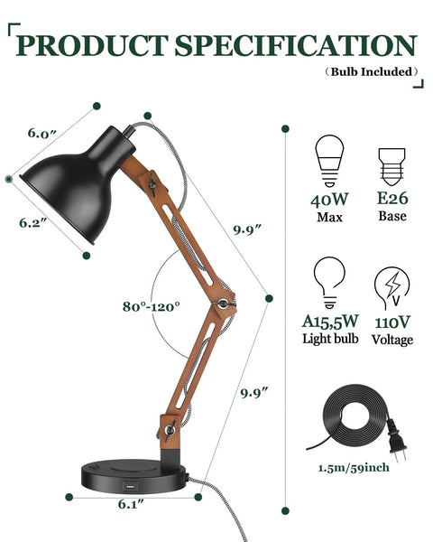 LED Desk Lamp With Wireless Charger And USB C Port Adjustable Swing Arm Sapele Wood Table Lamp specifications diagram