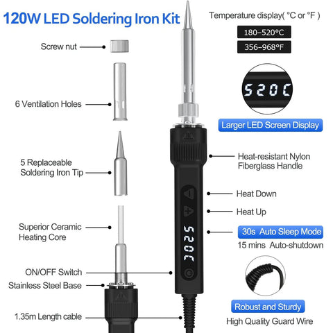 120W LED Soldering Iron Kit, LED display, adjustable temperature 356-968F, screw nut, 6 ventilation holes, nylon handle, ceramic heating.