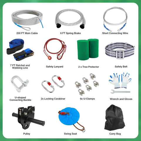 Components of Backyard Zip Line Kit For Kids And Grownups Up To 400 Lbs Quick Tighten Zipline With Rust Proof Removable Trolley.