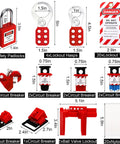 68-piece Lockout Tagout Kit for Electrical Safety, includes padlocks, hasps, circuit breakers, and tags, in toolbox layout