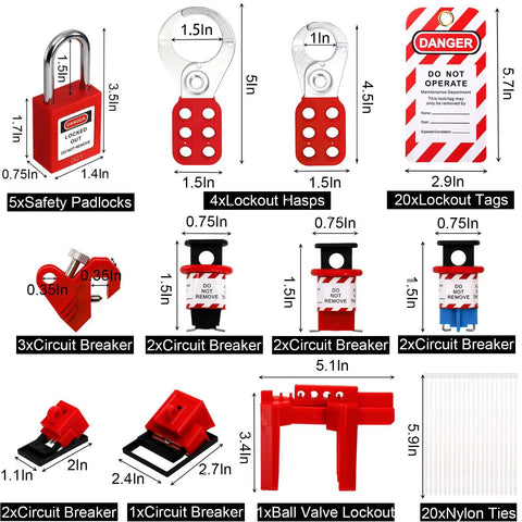 68-piece Lockout Tagout Kit for Electrical Safety, includes padlocks, hasps, circuit breakers, and tags, in toolbox layout