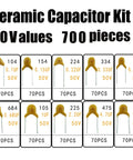 Ceramic Capacitor Assortment Kit With 700 Pcs In Box, Ranging From 0.1uF 100nF To 10uF Across 10 Value Types, showing individual capacitors