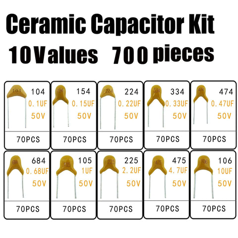 Ceramic Capacitor Assortment Kit With 700 Pcs In Box, Ranging From 0.1uF 100nF To 10uF Across 10 Value Types, showing individual capacitors