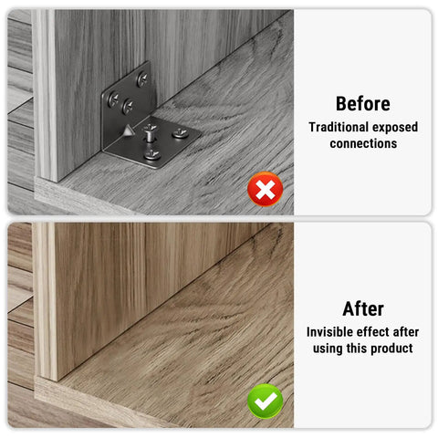 Before and after image showing Real Deal Killer Slick Furniture Concealed Connector Two In One Invisible Hide Joint Fastener Kit usage.