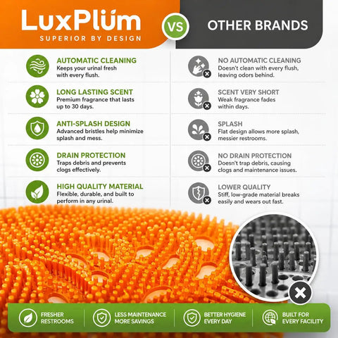 Comparison chart highlighting features of Ten Pack Long Lasting Orange Scent Urinal Screens Deodorizers With Splash Control Tech.