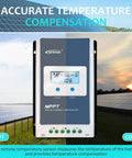 30A MPPT Solar Charge Controller With LCD Display in front of solar panels during sunset, showcasing temperature compensation feature