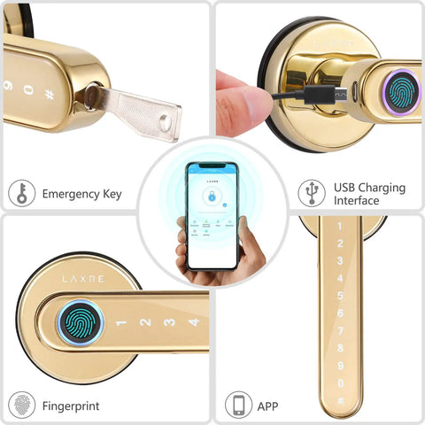 4 In 1 Keyless Entry Smart Lock with Fingerprint, passcode, mechanical keys, Bluetooth app, gold design with USB charging.